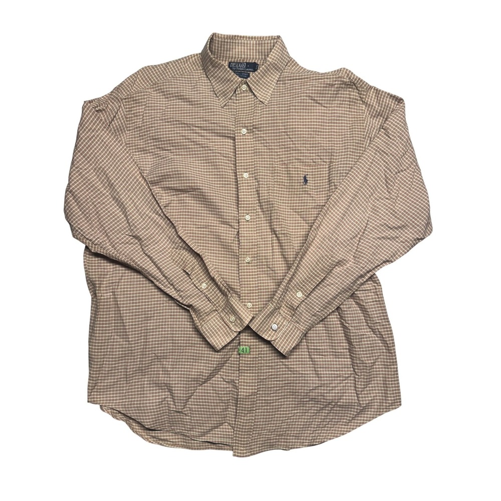 Polo Ralph Lauren Lowell Sport Mens Large Tan Check Button Down Shirt Baggy Fit